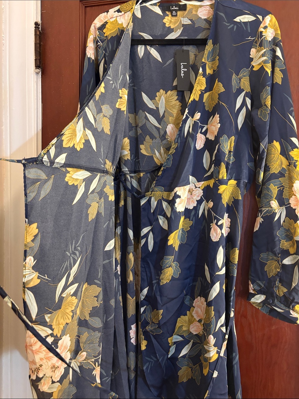 Lulu's Navy Floral Wrap Dress with Yellow & Blush Blooms - Picture 4 of 8